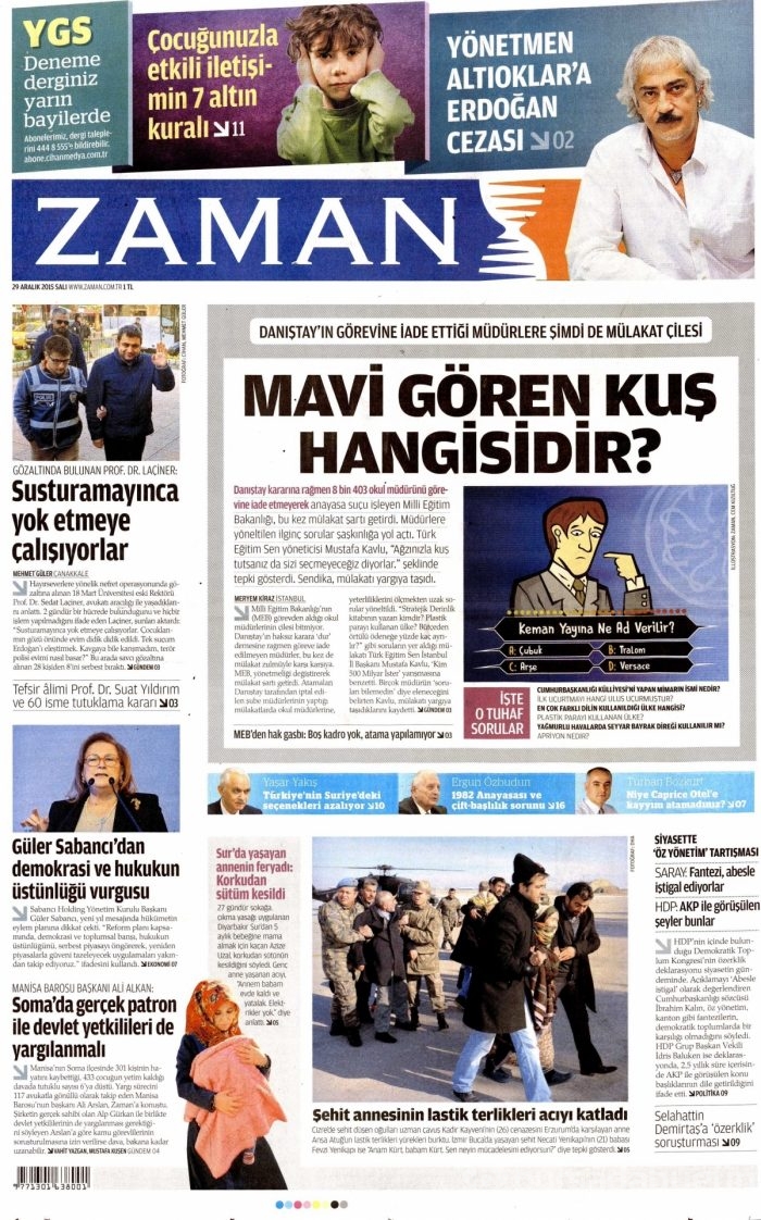 Gazete manşetleri (29 Aralık 2015)