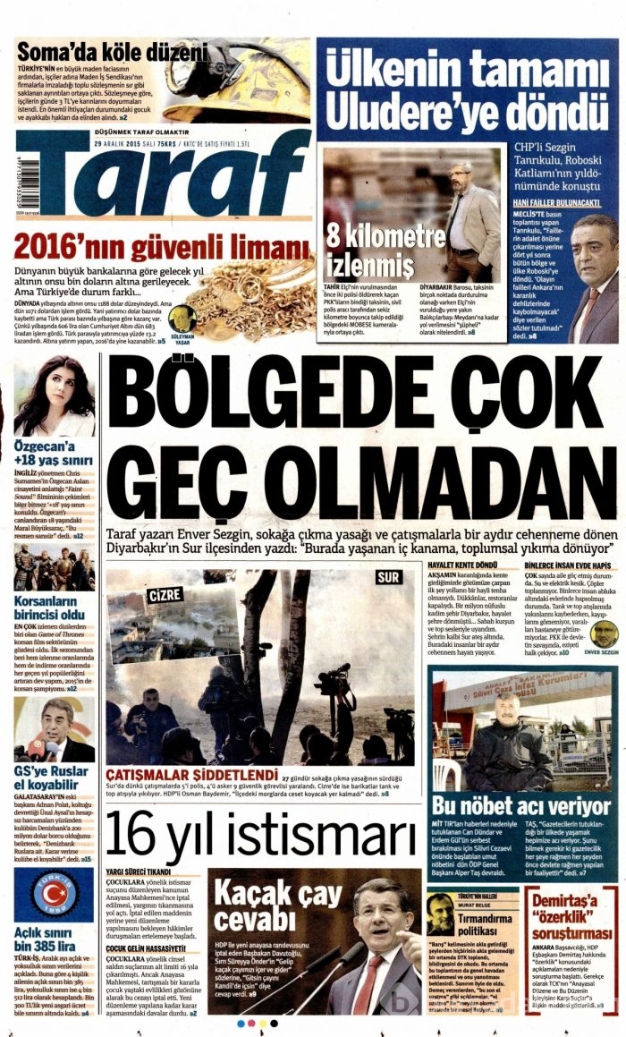 Gazete manşetleri (29 Aralık 2015)
