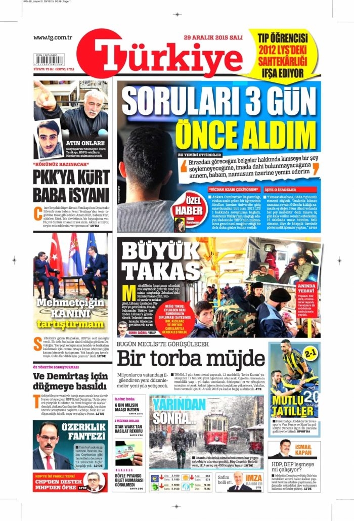 Gazete manşetleri (29 Aralık 2015)