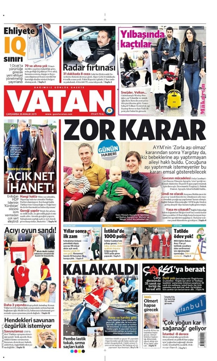Günün gazete manşetleri - 30 Aralık 2015