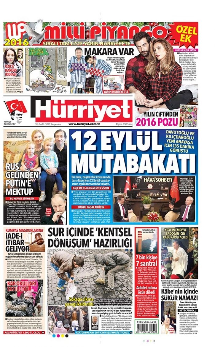 Günün gazete manşetleri - 31 Aralık 2015