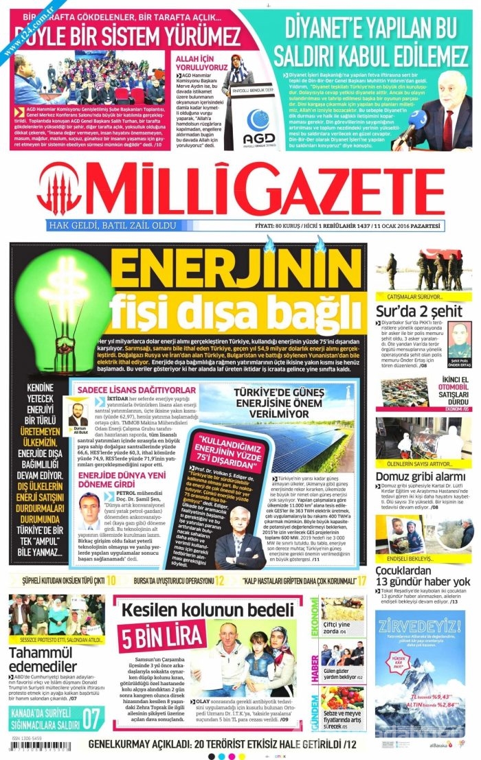 Gazete manşetleri (11 Ocak 2016)