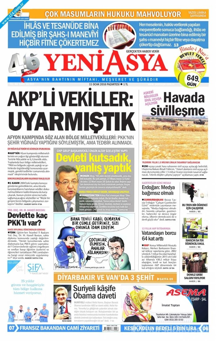 Gazete manşetleri (11 Ocak 2016)