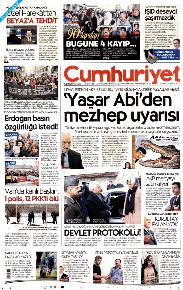 Gazete manşetleri (11 Ocak 2016)