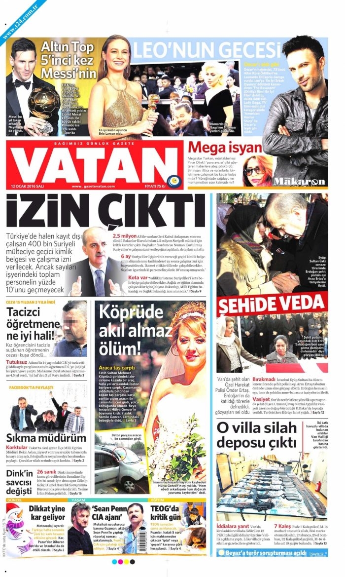 Gazete manşetleri (12 Ocak 2016)