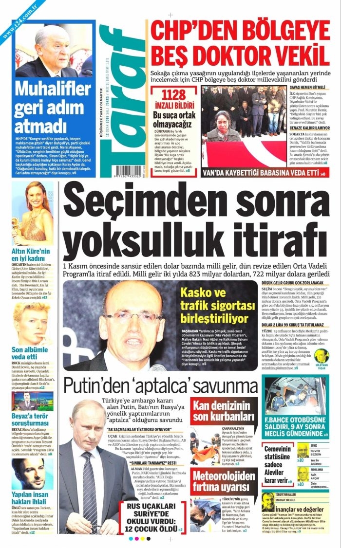Gazete manşetleri (12 Ocak 2016)