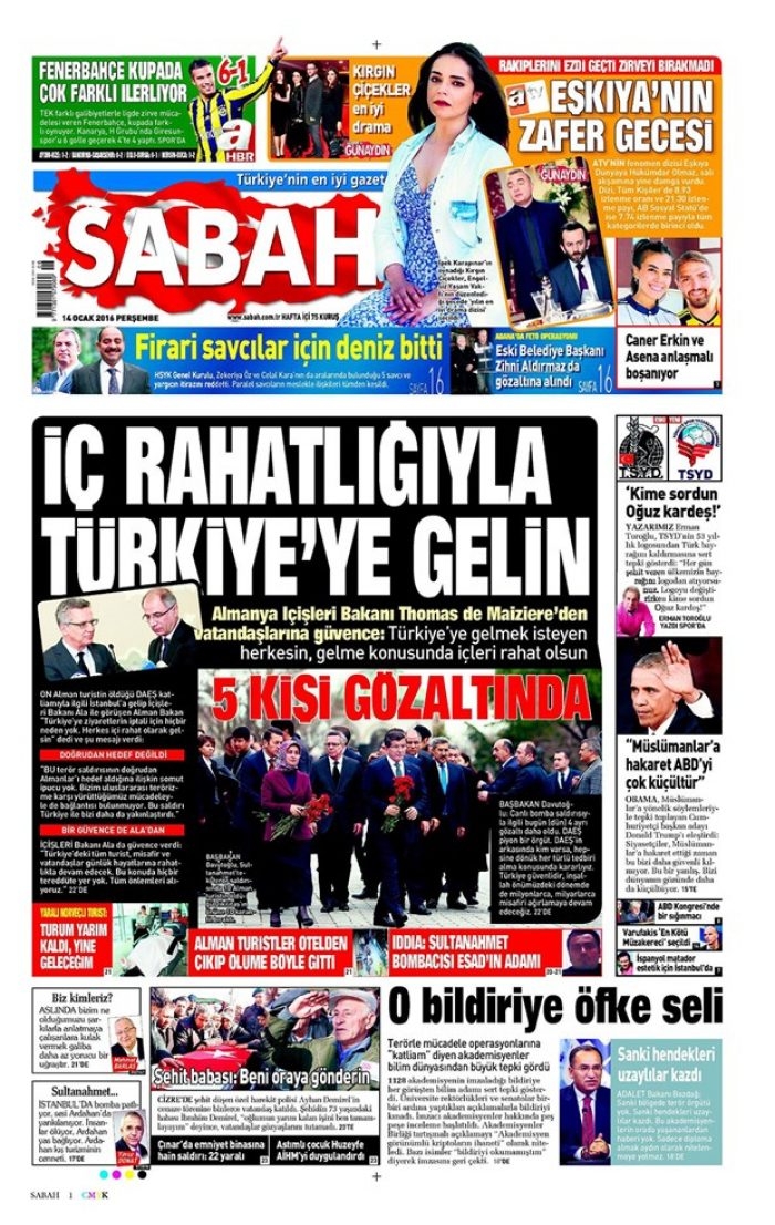 Günün gazete manşetleri 14 Ocak 2016