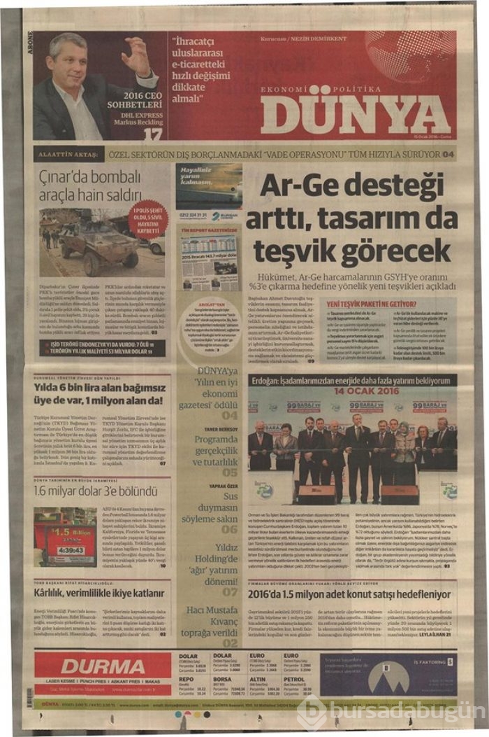 Günün gazete manşetleri  15 Ocak 2016