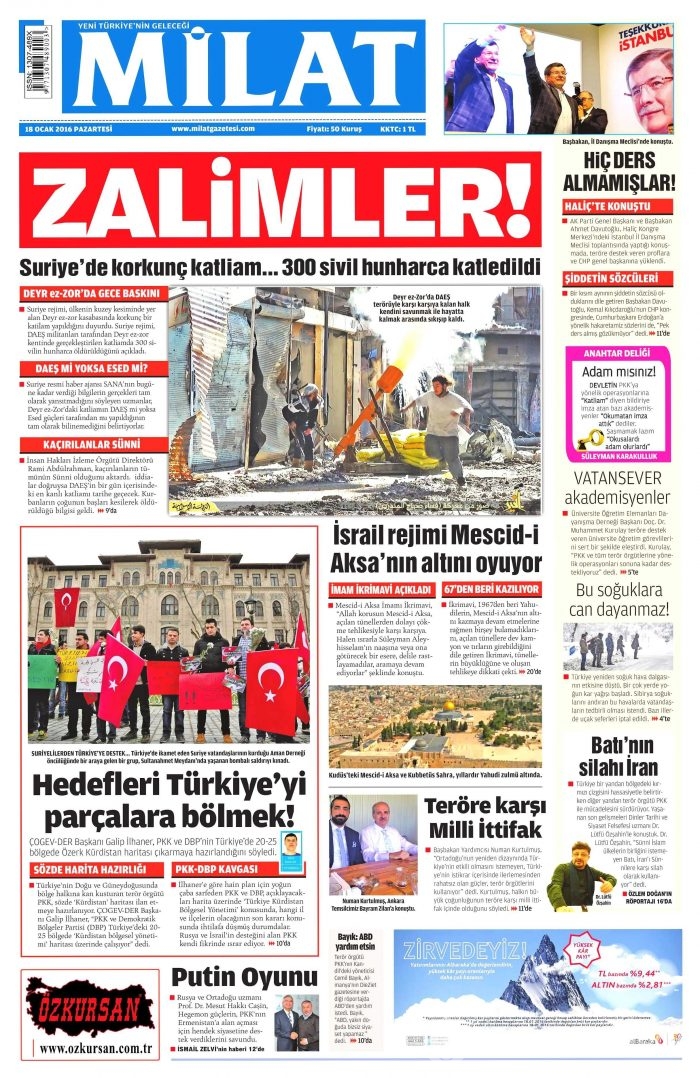 Gazete manşetleri (18 Ocak 2016)