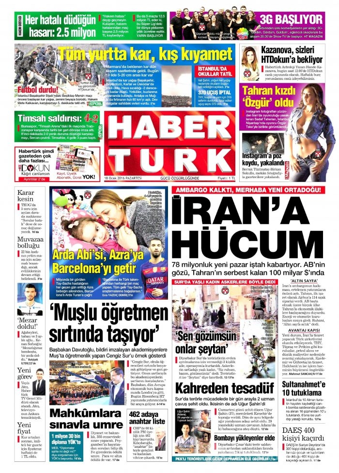 Gazete manşetleri (18 Ocak 2016)