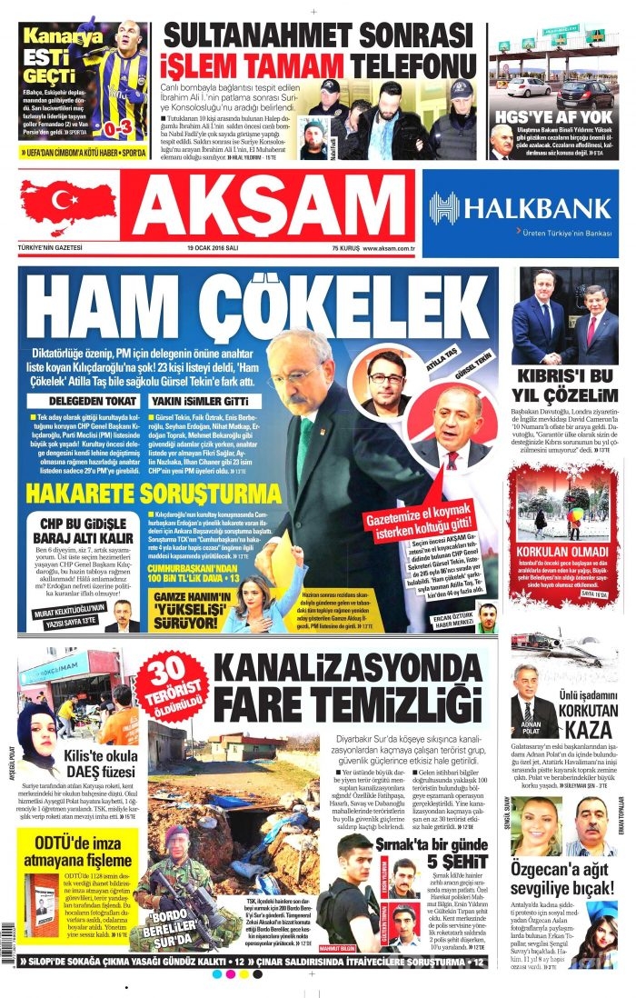 Gazete manşetleri (19 Ocak 2016)