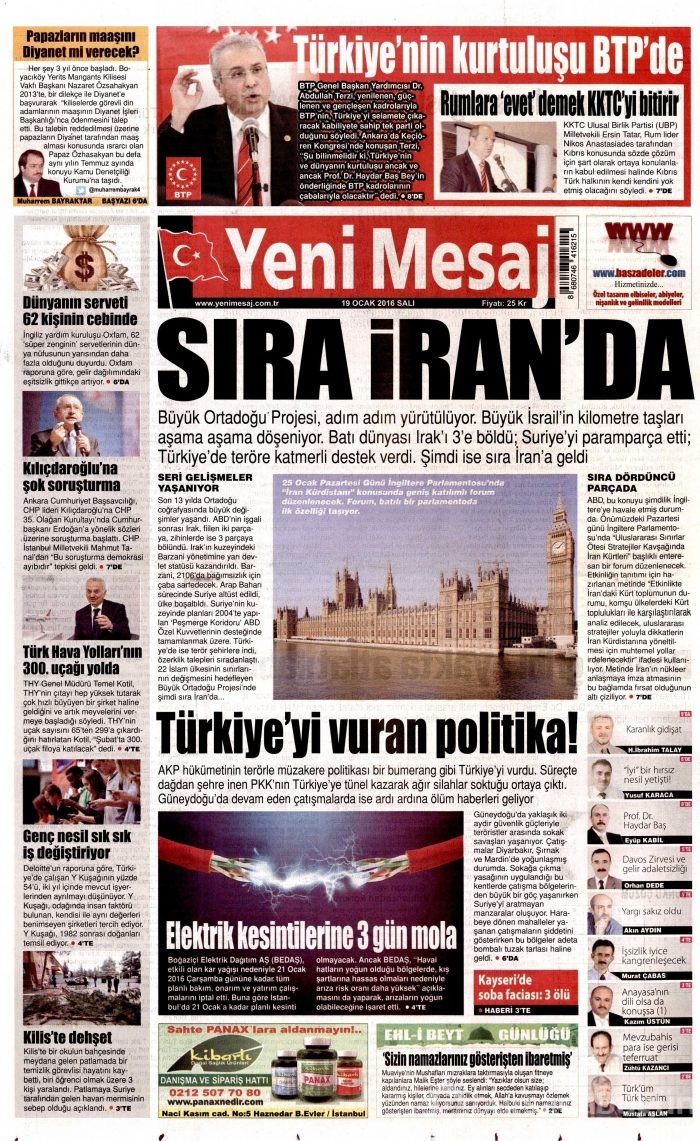 Gazete manşetleri (19 Ocak 2016)