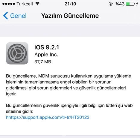iOS 9.2.1 güncellemesi yayınlandı
