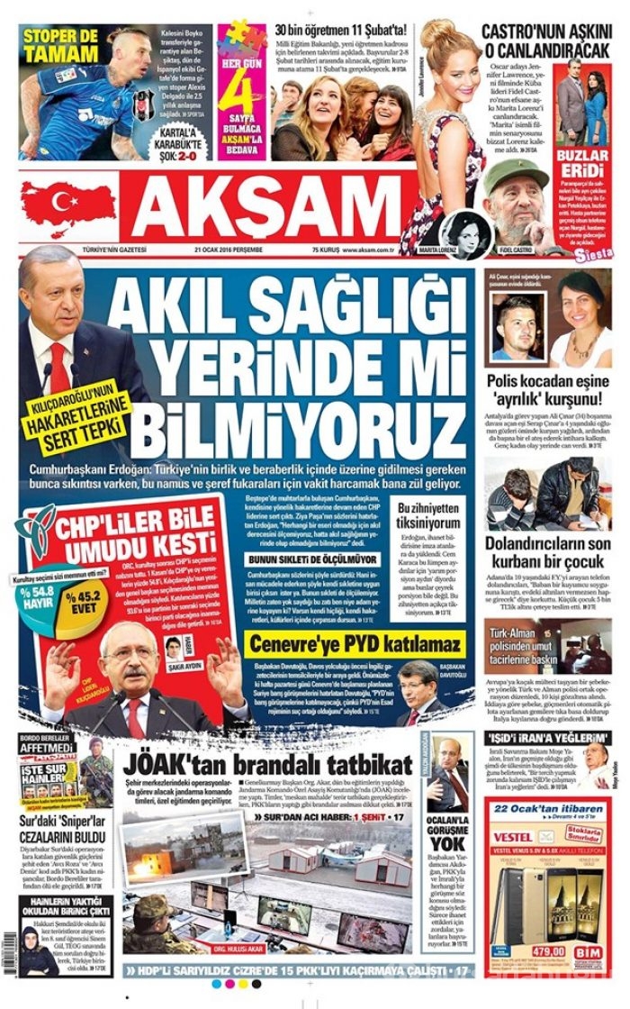 Günün gazete manşetleri - 21 Ocak 2016