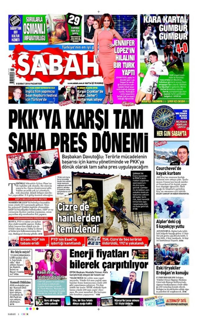 Günün gazete manşetleri  8 Şubat 2016
