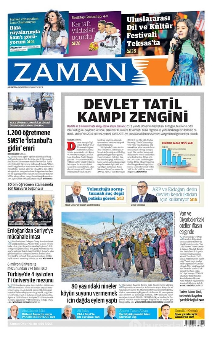 Günün gazete manşetleri  8 Şubat 2016