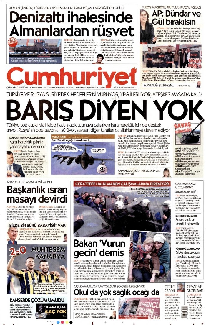 Gazete manşetleri 17 Şubat 2016 