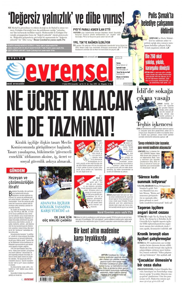 Gazete manşetleri 17 Şubat 2016 