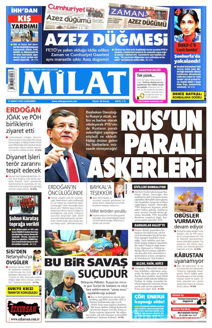 Gazete manşetleri 17 Şubat 2016 