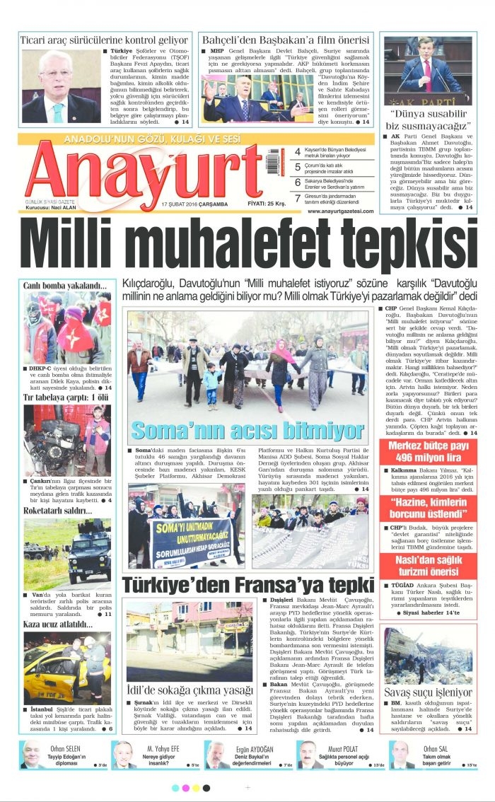 Gazete manşetleri 17 Şubat 2016 