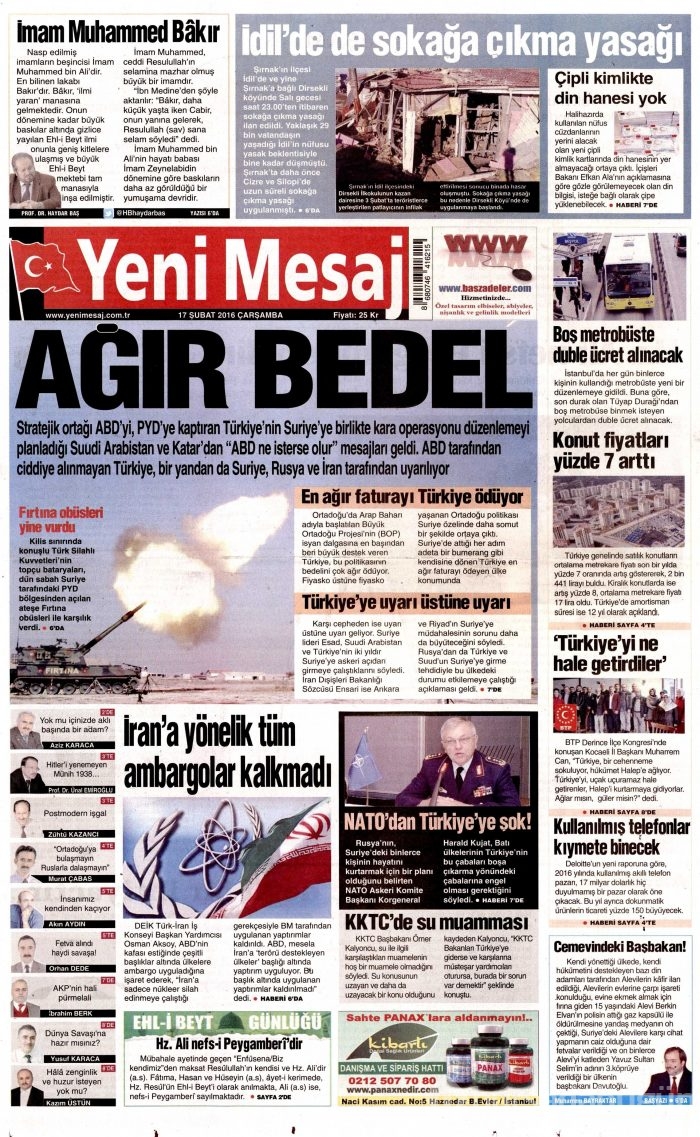 Gazete manşetleri 17 Şubat 2016 