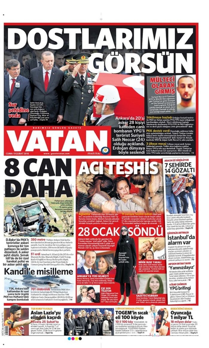Günün gazete manşetleri - 19 Şubat 2016
