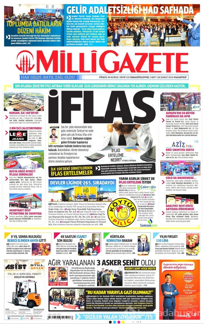 Gazete manşetleri (22.02.2016)