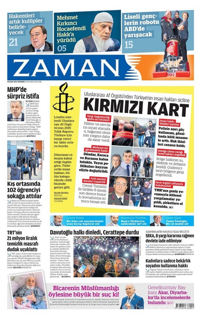 Günün gazete manşetleri - 25 Şubat 2016