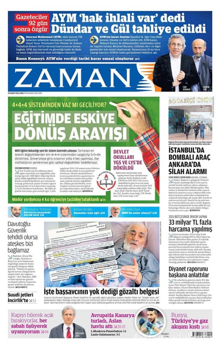 Günün gazete manşetleri - 26 Şubat 2016