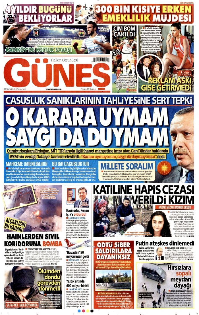 Gazete manşetleri (29.02.2016)