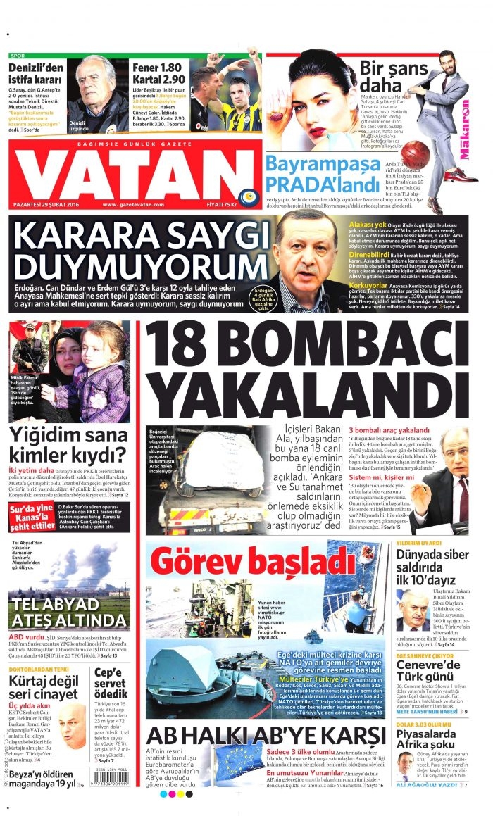 Gazete manşetleri (29.02.2016)