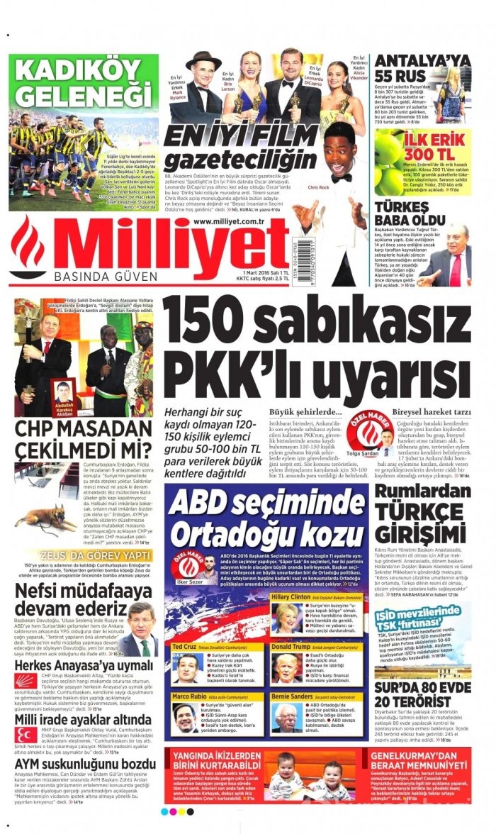 Gazete manşetleri (1 Mart 2016)