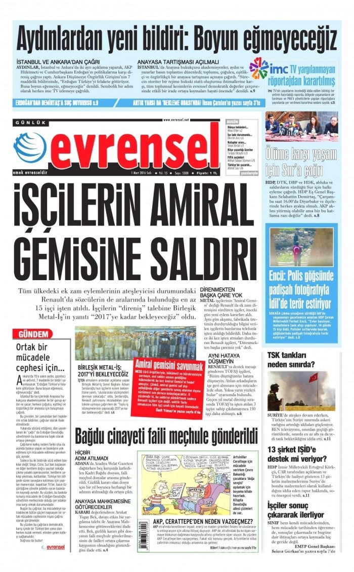 Gazete manşetleri (1 Mart 2016)
