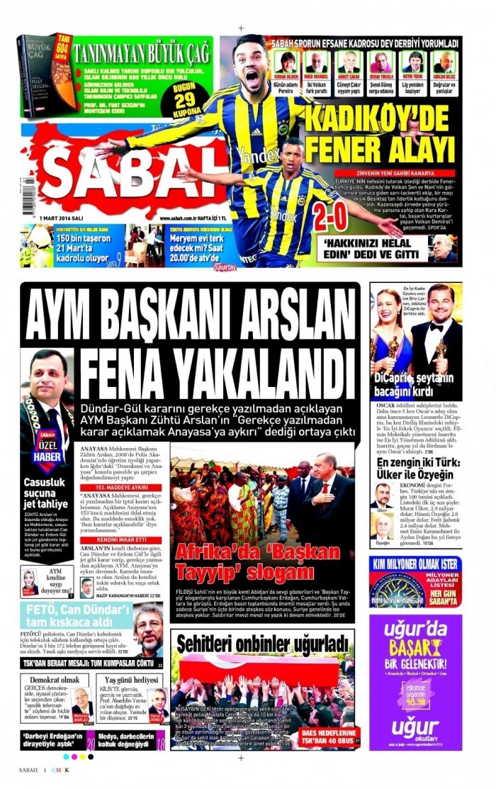 Gazete manşetleri (1 Mart 2016)
