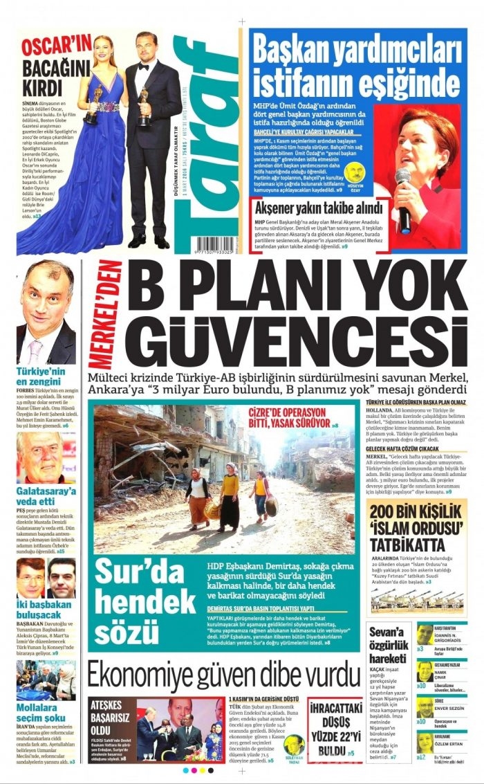 Gazete manşetleri (1 Mart 2016)
