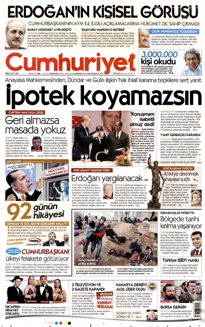 Gazete manşetleri (1 Mart 2016)