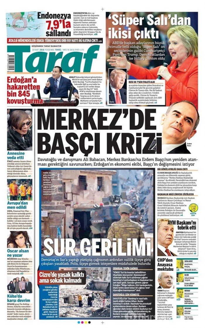 Günün gazete manşetleri  3 Mart 2016