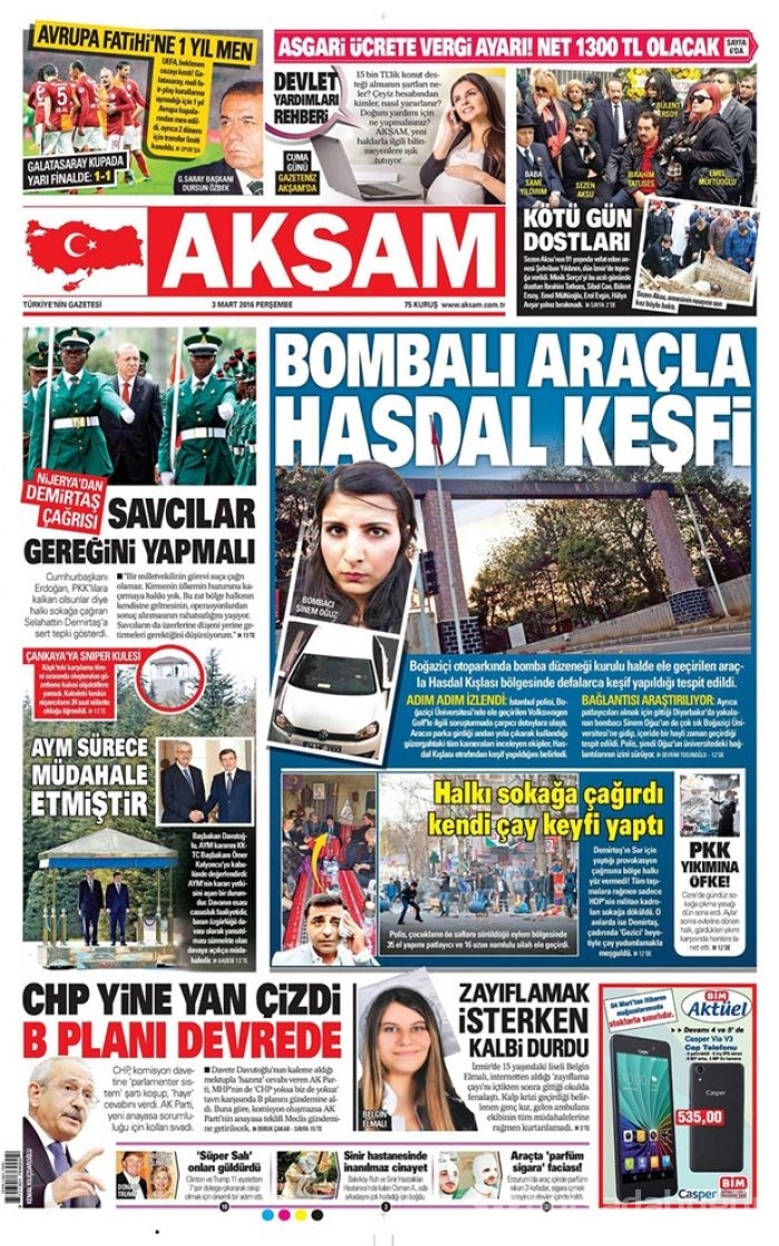 Günün gazete manşetleri  3 Mart 2016