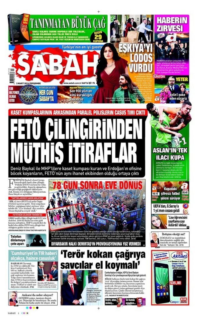 Günün gazete manşetleri  3 Mart 2016