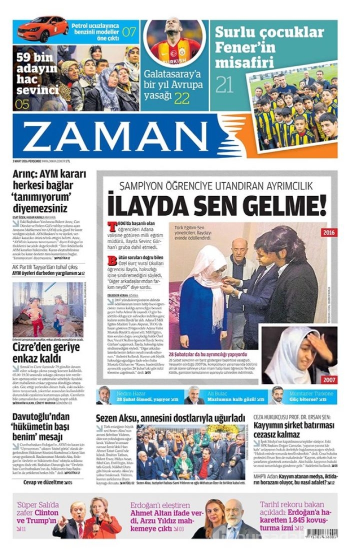 Günün gazete manşetleri  3 Mart 2016