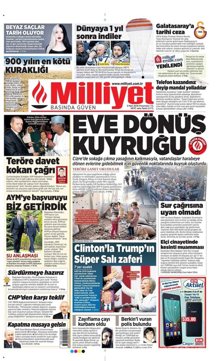 Günün gazete manşetleri  3 Mart 2016