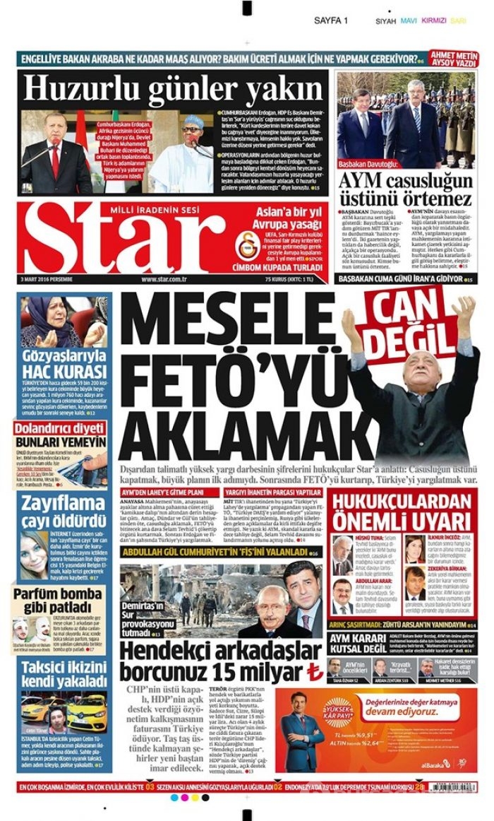Günün gazete manşetleri  3 Mart 2016