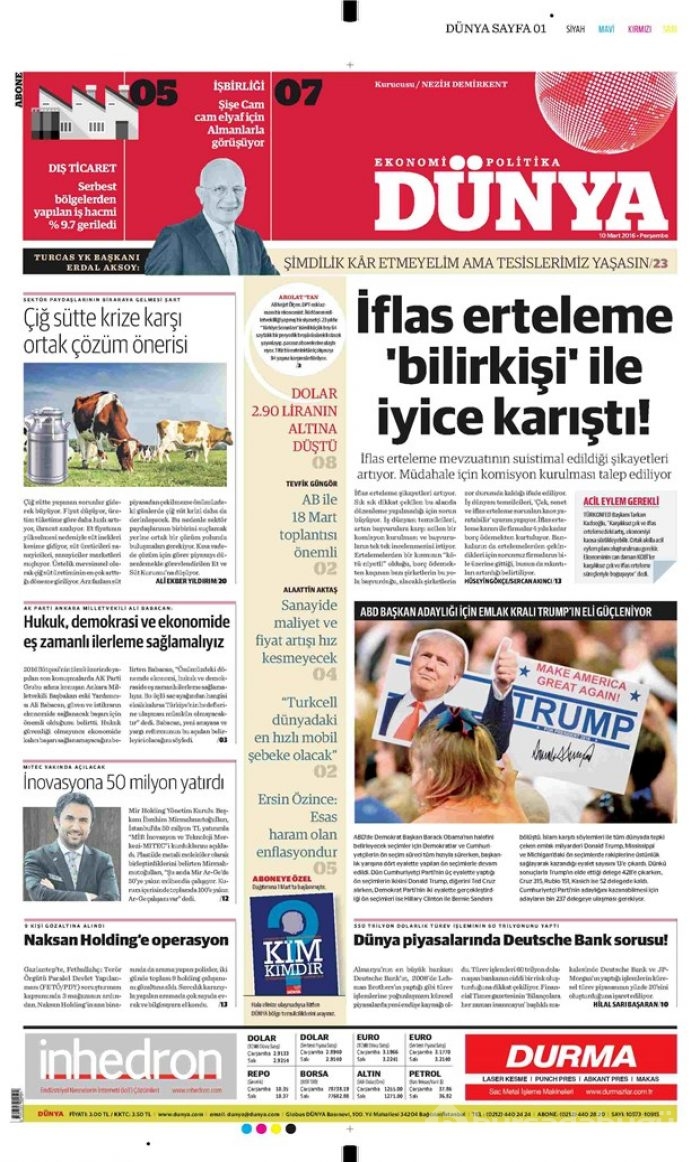Günün gazete manşetleri 10 Mart 2016