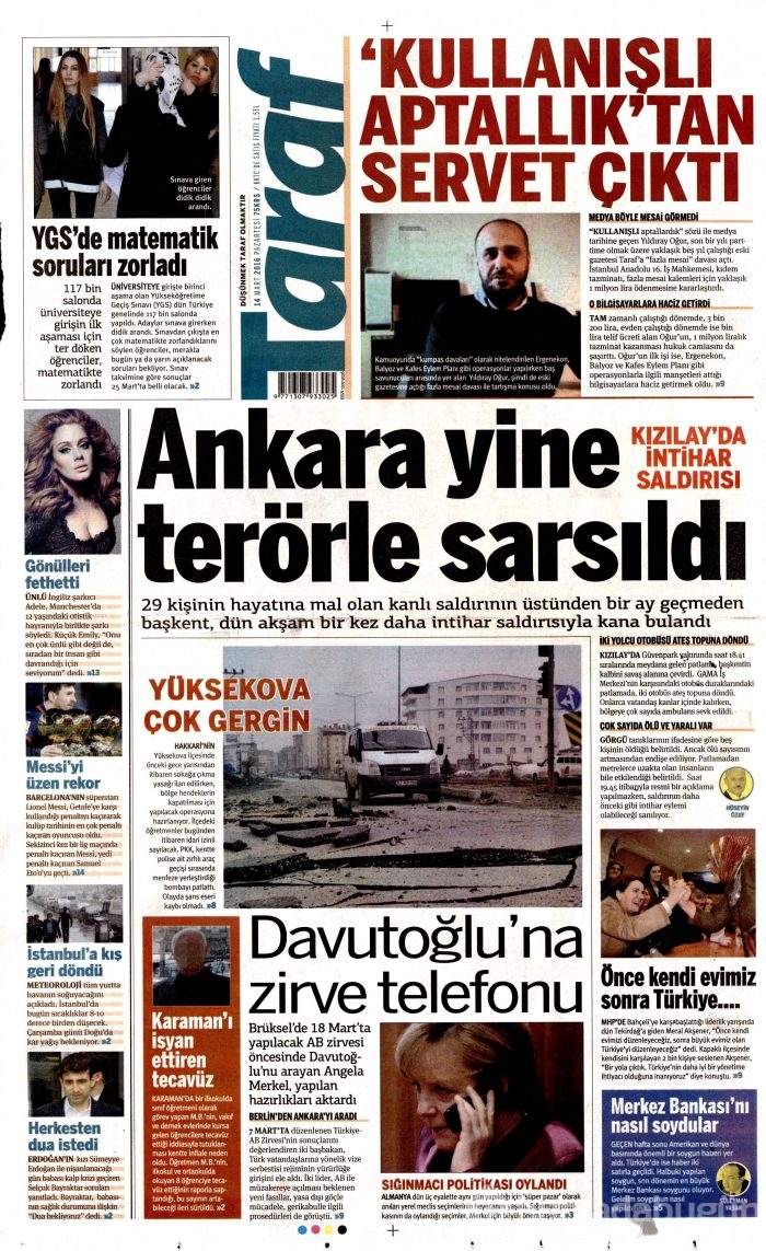 Gazete manşetleri (14 Mart 2016)