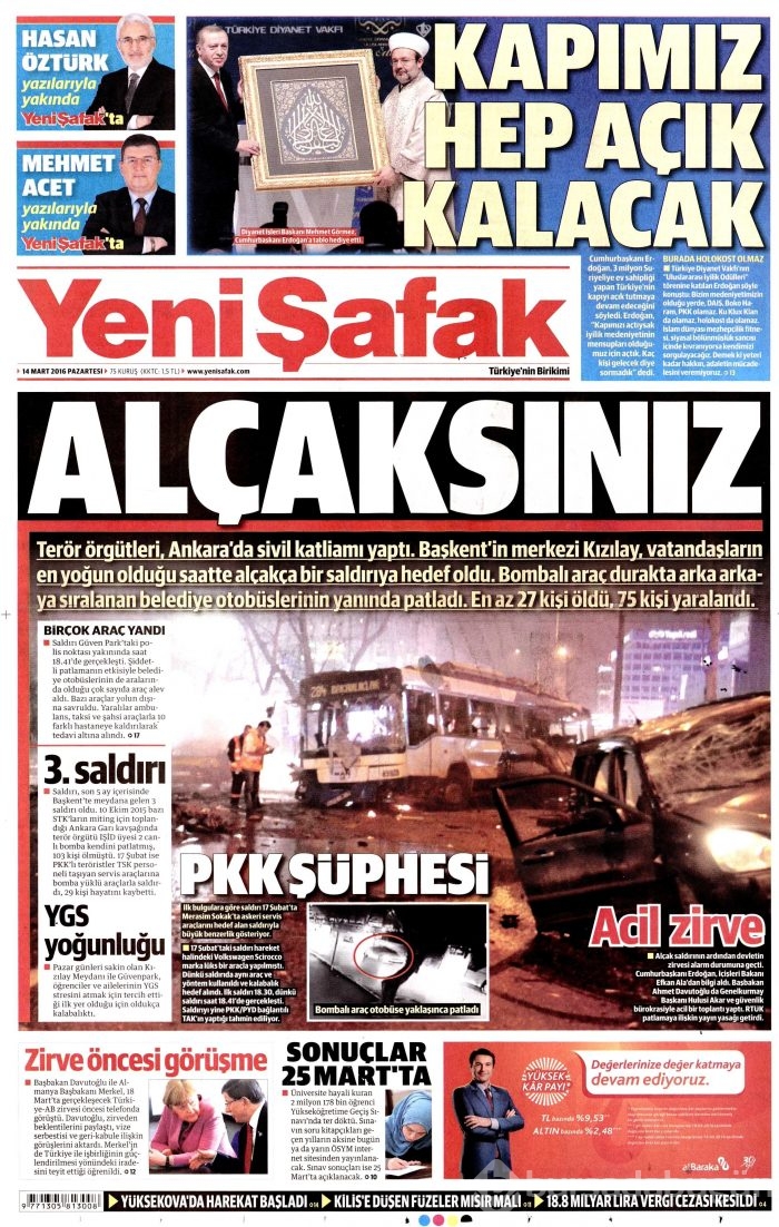 Gazete manşetleri (14 Mart 2016)