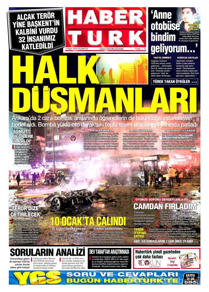 Gazete manşetleri (14 Mart 2016)