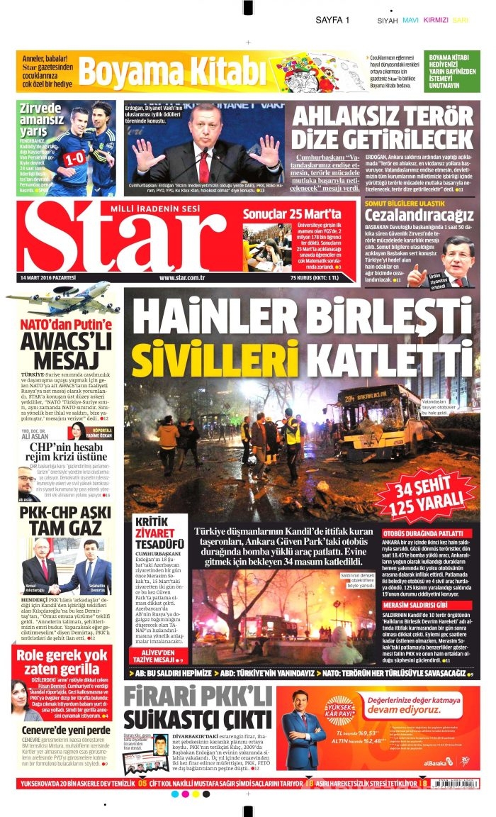 Gazete manşetleri (14 Mart 2016)