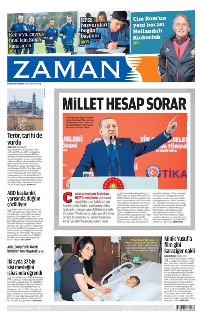 Günün gazete manşetleri - 17 Mart 2016

