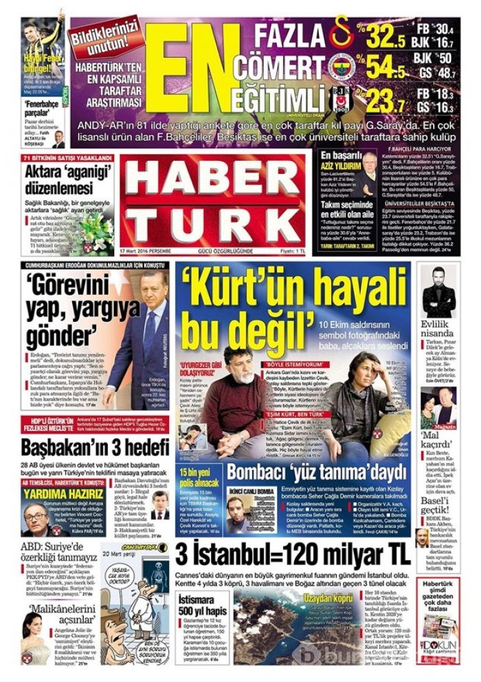 Günün gazete manşetleri - 17 Mart 2016
