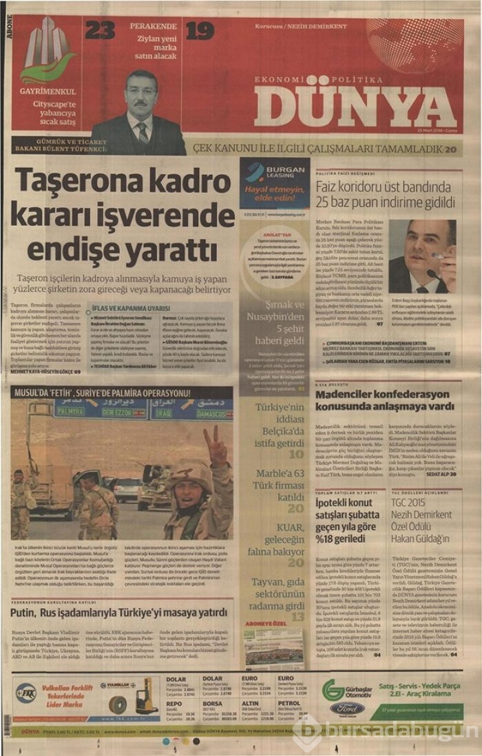 Günün gazete manşetleri - 25 Mart 2016
